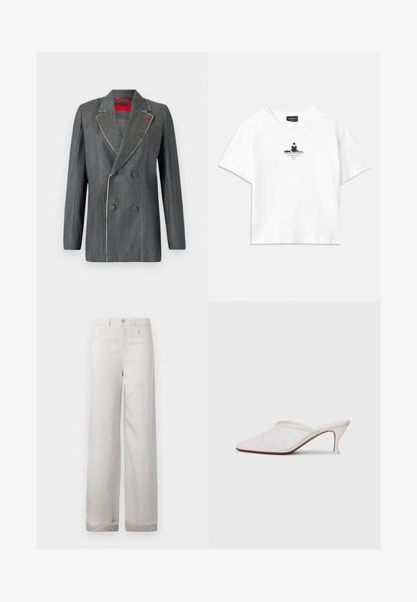 Blazer double boutonnage en denim gris avec des coutures blanches contrastantes, revers crantés et doublure rouge. Présente des boutons ronds et une conception structurée.; T-shirt en coton blanc avec une coupe ample, présentant une impression graphique noire au centre incluant du texte et un design en silhouette.; Pantalon en lin gris clair avec une coupe décontractée, cinq poches, une fermeture à bouton et des ourlets retroussés. Texture lisse avec un léger éclat.; Mule blanches en mesh avec un bout pointu, un talon moyen élancé et un design à enfiler, sur un fond uni.