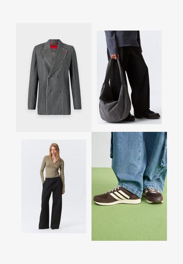 Szürke farmer, dupla mellényes blézer, kontrasztos fehér varrással, árkódolt hajtókákkal és piros béleléssel. Lekerekített gombokkal és strukturált kialakítással rendelkezik.; Barna pamut póló rövid ujjakkal, enyhén bő szabással, kerek nyakkivágással, bal mellrészen egy kis fehér hímzett szöveggel.; Fiatal nő áll, kezei a fekete, bővített lábú nadrág zsebében, testhezálló olíva zöld hosszú ujjú felsőt és fekete hegyes orrú cipőt visel fehér háttér előtt.; Barna velúr sportcipők, hálós panelekkel és fehér csíkokkal. Laza kék farmernadrággal párosítva. Zöld textúrájú felület alatt.; Szürke anyagú, laza formájú válltáska, sima felülettel és széles pántokkal. A táskát egy sötét nadrágot viselő személy tartja.