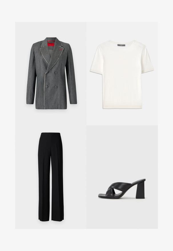Grau denim Doppelreiher-Blazer mit kontrastierenden weißen Nähten, zurückgeschnittenen Revers und rotem Innenfutter. Mit runden Knöpfen und strukturiertem Design.; Weißes kurzärmliges Strickoberteil mit rundem Halsausschnitt, das eine glatte Textur und subtile Rippakzente an den Ärmeln und dem Saum aufweist.; Schwarze weite Hosen mit einer glatten Textur, ausgestattet mit einem hohen Bund und mittleren Falten. Keine sichtbaren Muster oder Hardware-Details.; MAX&Co. SOHO - High Heel Sandalette - schwarz