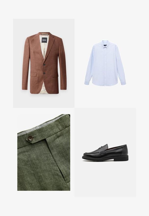 Brązowa lniana marynarka z klapami, dwiema przednimi kieszeniami, dwoma czarnymi guzikami i jasnym podszyciem. Metka oznaczona 'BOSS'.; Jasnoniebieska koszula z długim rękawem, zapinana na guziki, z klasycznym kołnierzykiem, prostym dołem i subtelną teksturą. Posiada centralne zapięcie na guziki.; Zielone lniane spodnie w odcieniu oliwkowym z plisami z przodu, posiadające zapięcie na guzik i kontrastową kratkowaną podszewkę w pasie.; Czarne syntetyczne mokasyny z wyraźnym przeszyciem z przodu, wyściełaną wkładką i płaską gumową podeszwą; smukły design z minimalnymi detalami.