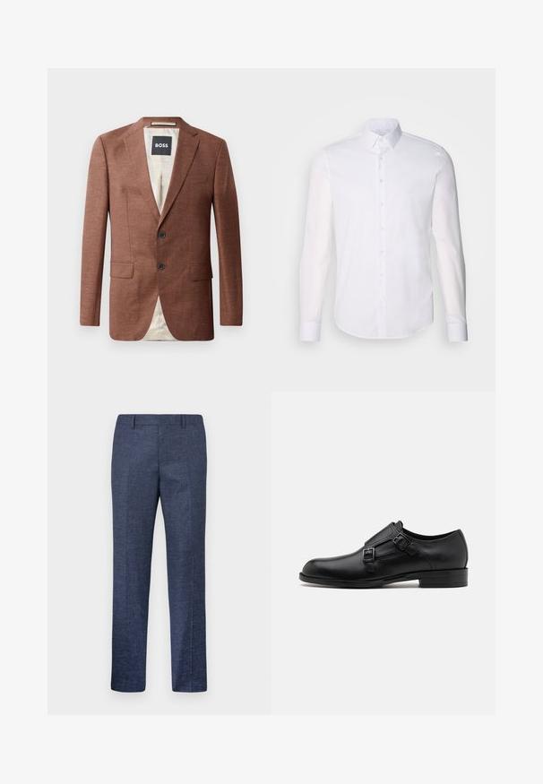 Rjav laneni blazer z žepoma, dvema črnima gumboma in svetlo obloženim notranjim delom. Oznaka 'BOSS'.; Bela srajca z dolgimi rokavi in gumbom, izdelana iz bombaža, z klasičnim ovratnikom, sprednjimi gumbi in minimalnimi šivi.; Temno modri hlače iz teksturiranega blaga, s pravimi nogami, ravnim sprednjim delom in dvema stranskima žepoma. Brez vidnih vzorcev ali akcentov.; Črne usnjene oblečne čevlje z dvema sponkama, elegantna silhueta in okrogla nos. Imajo nizek peto in gladko teksturo.