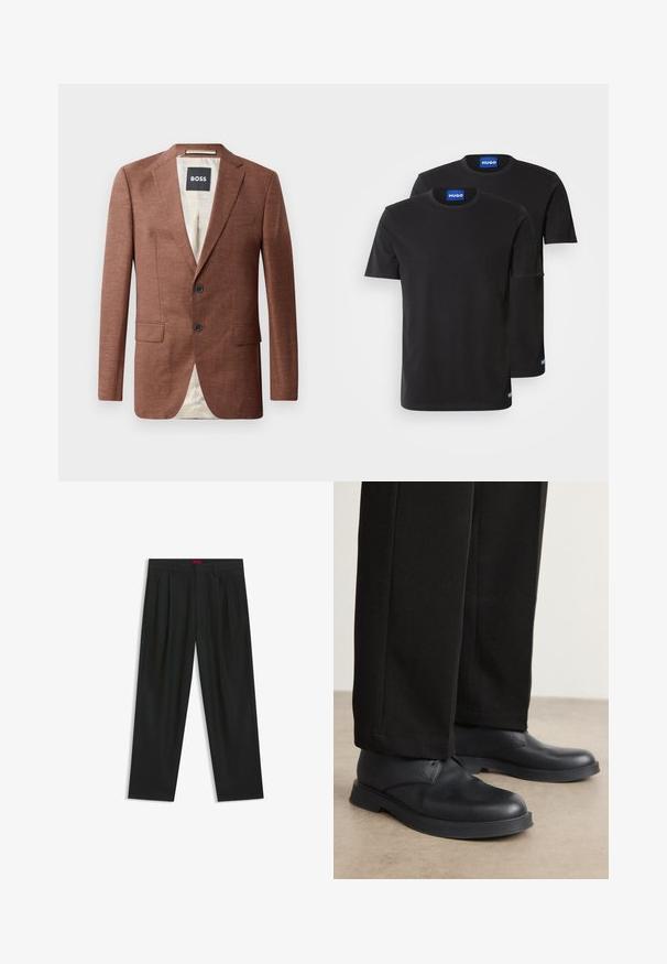 Brown linen blazer with notched lapels, two front pockets, two black buttons, and light-colored inside lining. Tag labeled 'BOSS'.; Two black cotton T-shirts with round necklines, short sleeves, and blue "HUGO" labels on the collars and side hems.; Black trousers with a pleated design, wide leg shape, and a smooth texture. Features a red waistband tag.; Black leather shoes with a rounded toe, flat sole, and minimal detailing. Paired with tailored black pants, showing smooth texture.