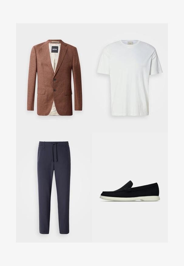 Rjav laneni blazer z žepoma, dvema črnima gumboma in svetlo obloženim notranjim delom. Oznaka 'BOSS'.; Bela kratka majica s kratkimi rokavi in okroglim izrezom, s vidno oznako Calvin Klein v ovratniku, prikazana na nevtralni podlagi.; Mornarske jogger hlače z elastičnim pasom in vrvico. Narejene iz gladkega materiala, imajo zožane noge in brez vidnih žepov.; Črne slip-on čevlje z zaobljenim nosom, ki imajo strukturirano zgornji del, gladek bel podplat in subtilen logotip na strani.