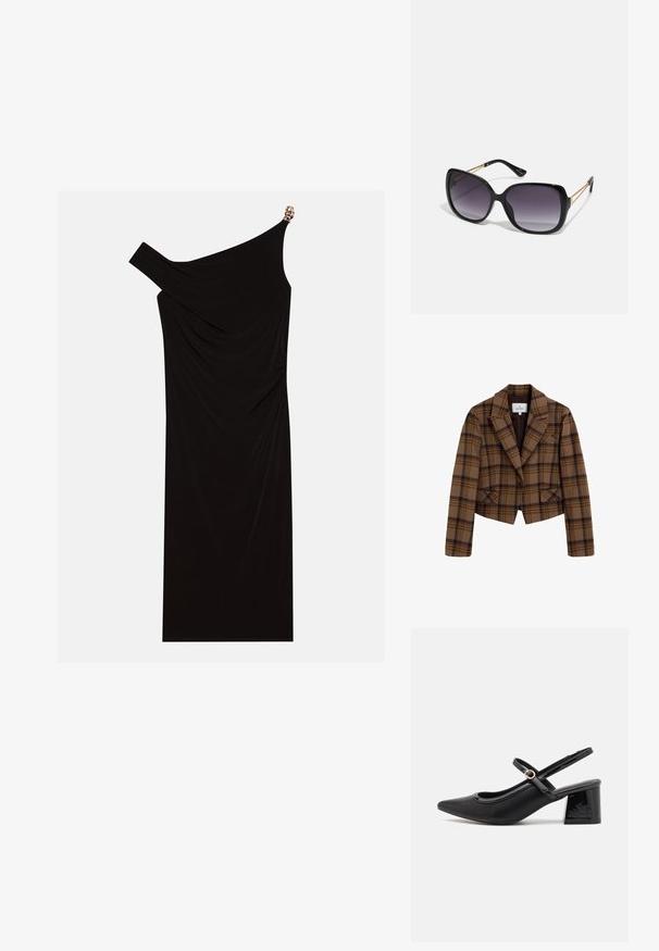 Blazer à carreaux marron avec un design ajusté, doté d'une fermeture à un bouton, de revers crantés et de deux poches avant. Fabriqué en tissu texturé.; Robe noire asymétrique faite de tissu drapé, dotée d'un accent doré sur l'épaule, d'une texture lisse et d'un design mi-cuisse.; Escarpins slingback en cuir verni noir avec un embout pointu, un design à découpes arrondies et un talon carré. Présente un accent de boucle en ton doré.; Lunettes de soleil noires surdimensionnées avec des verres dégradés, monture épaisse et détails en chaîne dorée sur les branches.