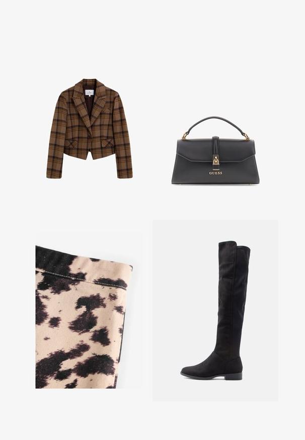 Blazer à carreaux marron avec un design ajusté, doté d'une fermeture à un bouton, de revers crantés et de deux poches avant. Fabriqué en tissu texturé.; Pull à col roulé noir en maille légère. Il possède des manches longues, une coupe ajustée et une texture côtelée douce.; Tissu beige avec un motif imprimé vache noir, présentant une texture côtelée et des détails de couture simples. Aucun matériel ou accent visible.; Bottes noires en suède haute jusqu'au genou avec une texture lisse, un bout arrondi et un petit talon carré ; design minimaliste sans quincaillerie visible.; Sac à main noir en similicuir avec une forme structurée, accessoires en or, une poignée supérieure et un fermoir avant avec le logo "GUESS".