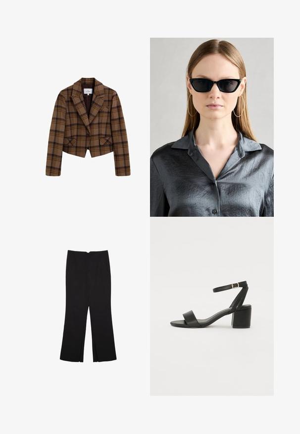 Brun ternet blazer med en tætsiddende design, der har en enkelt knaplukning, spidse klapper og to frontlommer. Lavet af tekstureret stof.; Hvid ærmeløs top med rund halsudskæring, der har en subtil tekstur, nøglehulsbagdetalje og lige kant.; Sorte bukser med lige pasform, der har frontlommer og slidser i kanten. Lavet af blødt, glat stof. Velegnet til forskellige anledninger.; Sort hæl sandal med en glat læderoverdel, åben tå, brede frontstropper og justerbar ankelrem med detaljer i guldfarve.; Sorte cat-eye solbriller med en blank finish, båret med en tekstureret grå skjorte med knapper og krave. Store hoops øreringe er synlige.
