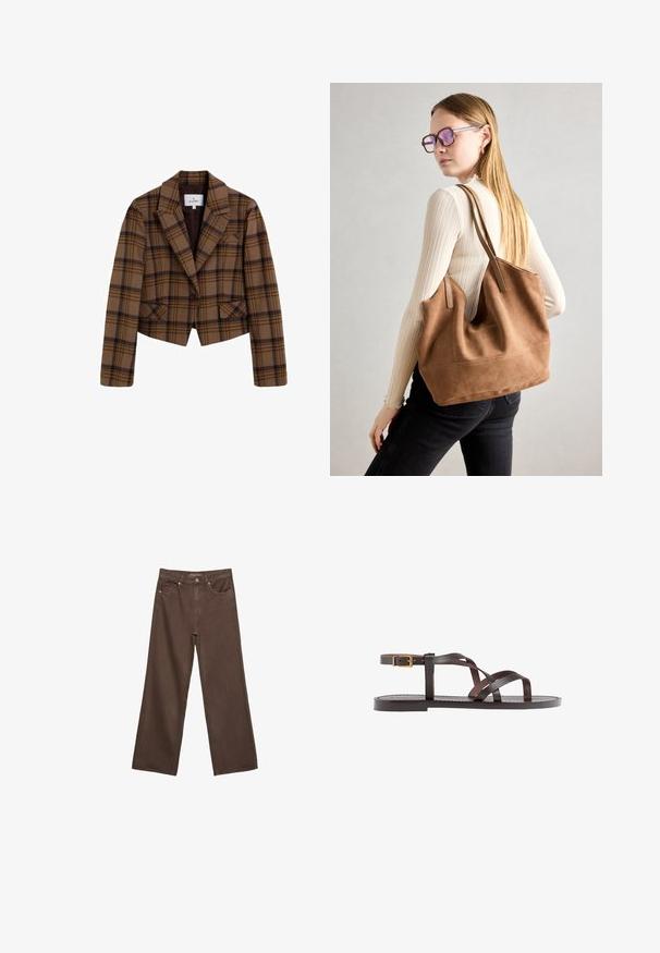 Braun karierter Blazer mit taillierter Passform, ausgestattet mit einem Ein-Knopf-Verschluss, Reverskragen und zwei vorderen Taschen. Hergestellt aus strukturiertem Stoff.; Dunkelgraues Kurzarmoberteil mit Bootsausschnitt. Hergestellt aus geripptem Stoff, mit lockerer Passform und sauberem Saum. Einfaches Design, ohne Muster.; Weite braune Jeans aus Denim, mit hoher Taille, Fronttaschen und klassischem Knopfverschluss. Glatte Textur mit feinen Nähten.; Braune Leder-Sandale mit überkreuzten Riemen, einem Knöchelriemen mit Schnalle und einer flachen Sohle mit minimalen Nähdetails.; Braune Wildleder-Tasche mit weicher Textur, großer Öffnung und langen Trägern. Sie verfügt über ein simples Design mit sichtbarem Stich und ohne Beschläge.