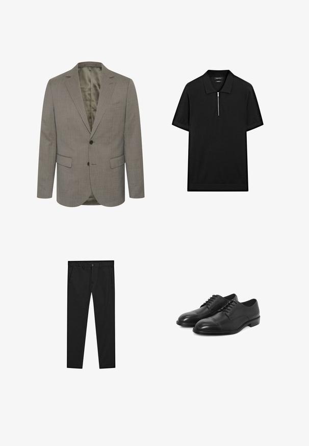 Grau gestreifter Blazer aus strukturiertem Stoff. Verfügt über einen Reverskragen, zwei Fronttaschen und zwei Knöpfe. Gefüttertes Innenfutter in einer kontrastierenden Farbe.; Schwarzes kurzärmliges Poloshirt mit Stehkragen und einem Reißverschluss vorne. Hergestellt aus einem glatten Stoff mit einem klaren, minimalistischen Design.; Schwarze Chinos mit einem geraden Bein Design, hergestellt aus weichem Stoff. Sie verfügen über einen Knopfverschluss, Gürtelschlaufen und Seitentaschen. Glatte Textur.; Schwarze Leder-Dressschuhe mit glatter Oberfläche, runder Zehenform und Kappenzehendesign. Sie verfügen über dünne Schnürsenkel und einen niedrigen, eleganten Absatz.