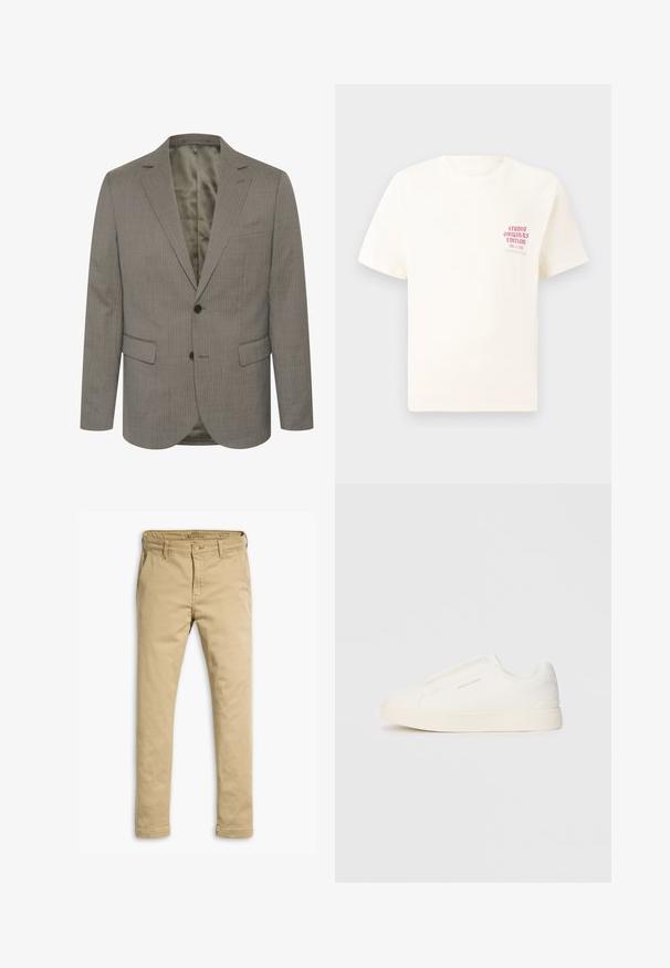 Hallhalline halliseks rõngastikuga bleiser, mis on valmistatud tekstureeritud kangast. Omab lõikega kraed, kahte eesmist taskut ja kahte nööpi. Sisepind on vooderdatud kontrastse värviga.; Valge lühikeste varrukatega T-särk, millel on vasakul rinnal punane tekst "Studio Originals Edition", esitatud neutraalsel hallil taustal.; Kreemi värvi puuvillased chinod, sirge jala disainiga, esiküljel ja tagaküljel taskud ning nupukattega sulgemine koos vööloopidega.; Valged libisemiskindlad tossud tekstuuriga pinnaga, paksu tallaga ja minimalistikus disainis. Küljel on brändi logo.