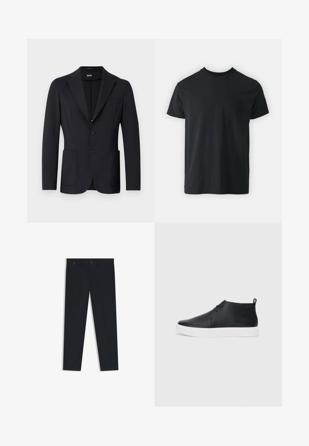 Black blazer with a textured fabric, single-breasted, notched lapels, two front pockets, and two buttons. Brand label visible inside.; Black cotton short-sleeved t-shirt with a crew neckline and a relaxed fit. Smooth texture and straight hem, no visible graphics or patterns.; Men's dark navy trousers made of lightweight fabric. Features a button closure, belt loops, and two side pockets. Straight leg design.; Black leather high-top sneakers with a smooth finish, white rubber sole, and simple lace-up design. Features a pull tab at the back.