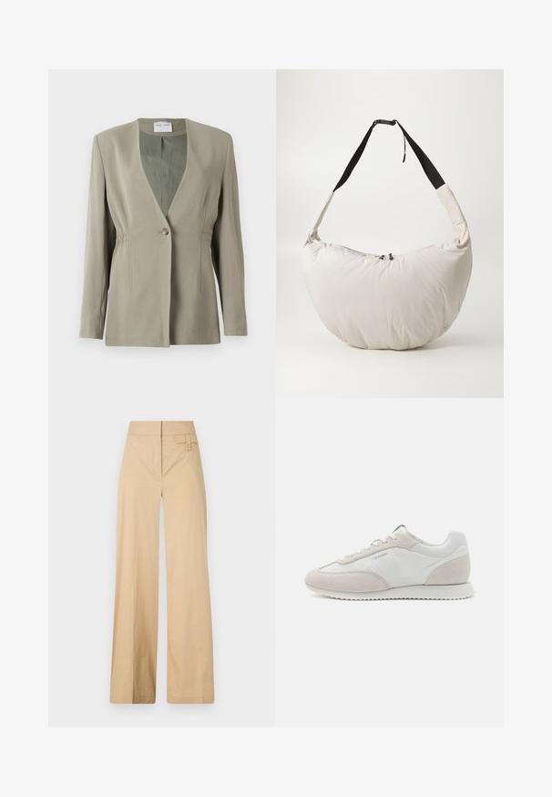 Oliwkowa marynarka z dekoltem w serek, zapięciem na jeden guzik, dopasowany fason i długimi rękawami. Gładka faktura z delikatnymi zdobieniami w bocznych szwach.; Biała koszulka z długim rękawem z grafiką osoby spacerującej z trzema psami, z napisem "Barbour" wydrukowanym powyżej na czarno.; Beżowe spodnie typu wide-leg wykonane z mieszanki bawełny. Charakteryzują się gładką teksturą, elastycznym pasem i detalem z guzikiem z boku.; Jasne sneakersy z mixem białej skóry i beżowego zamszu, z teksturowaną podeszwą i minimalnym logo po boku.; Jasno-beżowa, wyściełana torba na ramię o zaokrąglonym kształcie w półksiężyca. Czarny pasek, zamek błyskawiczny oraz subtelne logo z przodu. Miękka tekstura.