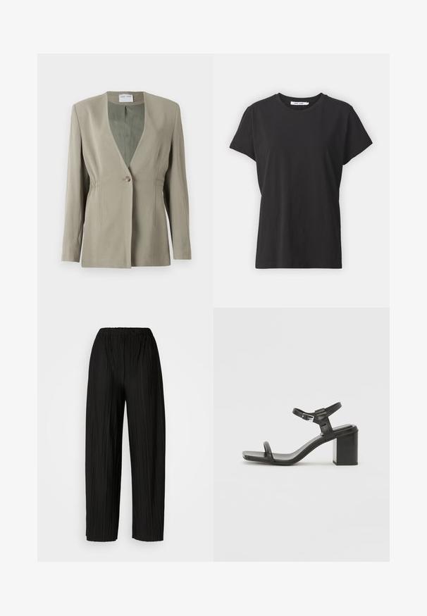 Oliven grønn blazer med v-hals, enkelt knappelukking, tilpasset passform og lange ermer. Glatt tekstur med subtile sidene rynkedetaljer.; Svart bomulls t-skjorte med klassisk rund hals, korte ermer og en avslappet passform. Glatt tekstur, ingen synlige mønstre eller detaljer.; Svart, pregede bukser med løs midje som har bred benvidde. Stoffet har vertikale folder og en glatt tekstur.; Sorte lærblokkhæl sandal med en bred rem over tærne og en justerbar ankelrem, med et stilrent, minimalistisk design.