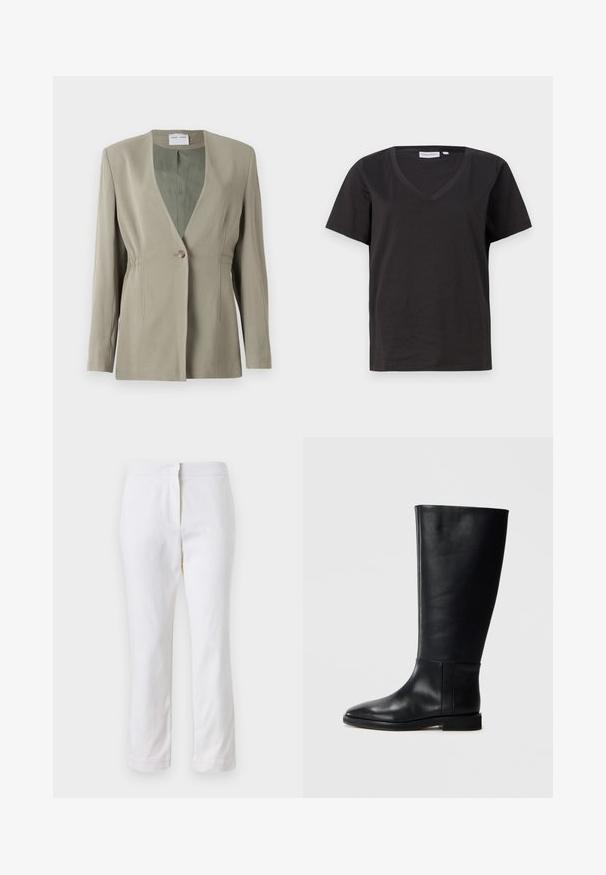 Maslinasto zeleni sako s V-izrezom, zatvaranjem na jedan gumb, krojem prilagođenim figuri i dugim rukavima. Glatka tekstura s suptilnim detaljima nabora sa strane.; Crni pamučni T-shirt s V-izrezom i kratkim rukavima. Jednostavan dizajn s regularnom krojem i bez uzoraka ili akcenta.; Bijele pamučne hlače ravnog kroja, sa strukom srednje visine i bez vidljivih metalnih dijelova ili uzoraka. Glatka tekstura kroz cijelu dužinu.; Crne kožne čizme do koljena s zaobljenim vrhom, glatkom teksturom, minimalističkim dizajnom i ravnim đonom. Jednostavni šavovi na vertikalnom dijelu.