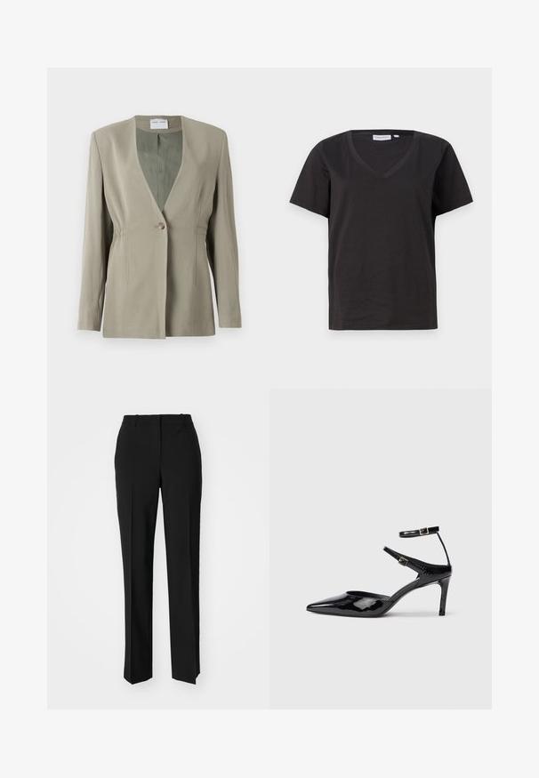 Alavijo žalia švarkas su V formos iškirpte, vienu mygtuko užsegimu, pritaikyta forma ir ilgomis rankovėmis. Lygi tekstūra su subtiliais šoninių raukšlių akcentais.; Juodas medvilninis marškinėlis su V formos iškirpte ir trumpomis rankovėmis. Paprastas dizainas, reguliaraus kirpimo, be raštų ar akcentų.; Juodi pritaikyti kelnių modeliai su tiesiomis kojomis, pasižyminčios lygiomis tekstūromis ir ryškiomis klostėmis priekyje. Nėra matomų detalių.; Juodos lakinės odos aukštakulnės su smailiu koja, reguliuojamais kulkšnies dirželiais ir lieknu kulnu. Lygus paviršius su blizgiu apdaila.