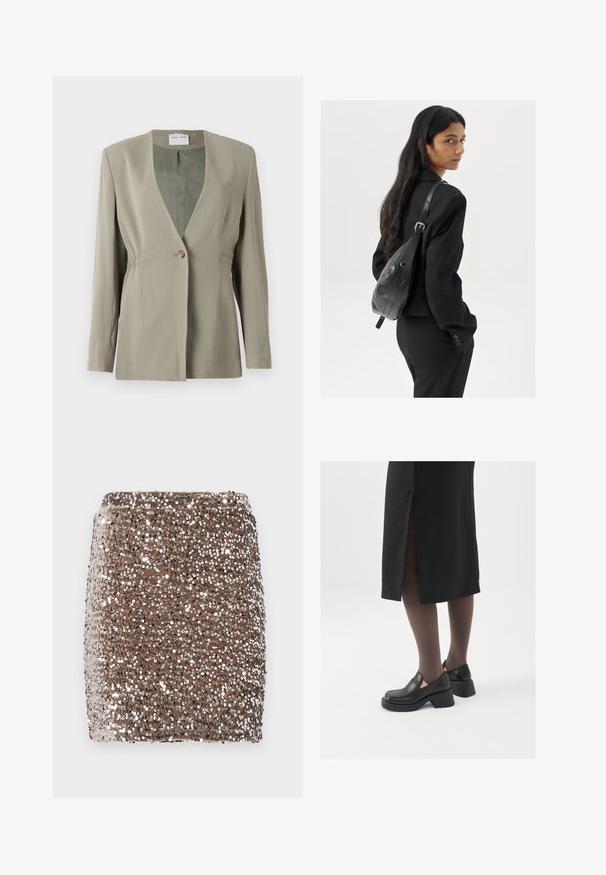 Olivgrüner Blazer mit V-Ausschnitt, einfacher Knopfverschluss, taillierter Passform und langen Ärmeln. Glatte Textur mit dezenten Seitenschräge-Details.; Weißes ärmelloses Tanktop aus geripptem Stoff, mit rundem Ausschnitt und figurbetonter Silhouette, minimalen Nähten und ohne Verzierungen.; Brauner, glitzernder Minirock mit taillierter Passform, bedeckt mit reflektierenden silbernen Pailletten, die einen strukturierten, schimmernden Effekt erzeugen.; Schwarze Lederschuhe mit abgerundetem Zeh, dicker Blockabsatz und elastischen seitlichen Akzenten, kombiniert mit dunklen Strumpfhosen und einem schwarzen Rock mit Schlitz.; Frau mit langen dunklen Haaren, die einen schwarzen Anzug trägt und eine schwarze Lederschultertasche hält, schaut über ihre Schulter vor einem weißen Hintergrund.; Silberne Creolen mit minimalistischem Design. Rundform, glatte Oberfläche und dünnes Profil. Leichtgewichtig mit hochglänzender Oberfläche.