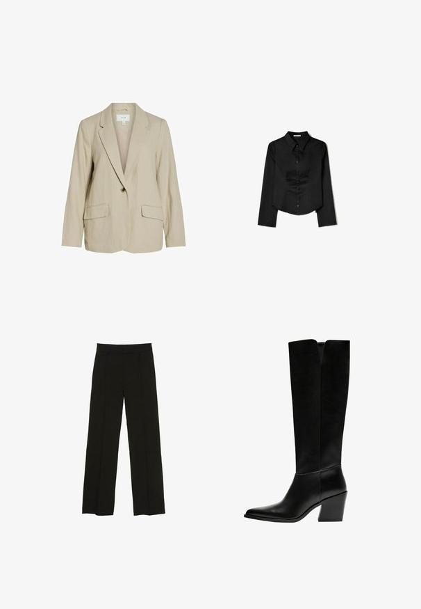 Light beige blazer made of textured fabric. Features a single button closure, notched lapels, and two front pockets.; Black long-sleeve shirt made from smooth fabric, featuring a pointed collar, front button closure, and a cropped hem with side slits.; Black wide-leg trousers made from a smooth fabric, featuring a fitted waistband and subtle front pleats for added texture.; Black knee-high boots made of smooth leather, featuring a pointed toe, a block heel, and a V-shaped cutout at the top.
