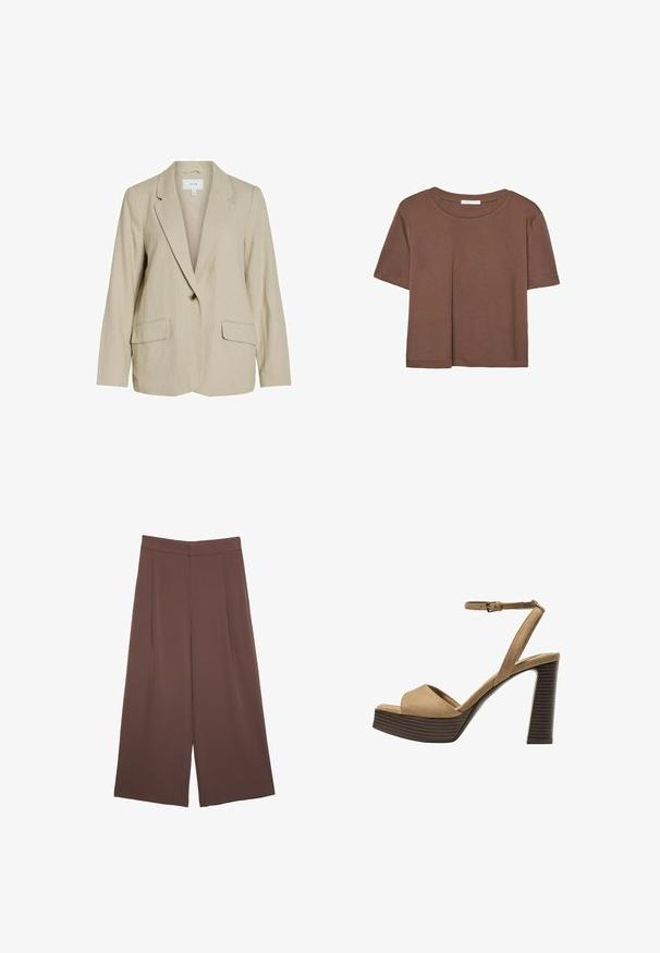Lys beige blazer lavet af tekstureret stof. Har en enkelt knaplukning, spidse revers og to forlommer.; Brun kortærmet t-shirt lavet af blødt stof, med rund halsudskæring og afslappet pasform. Ingen synlige mønstre eller detaljer.; Brune bredbunde bukser med en glat tekstur, der har høj talje og plisseringer foran. Stoffet er let og falder løst.; Beige ruskinds højhælede sandaler med en bred foranrem og ankelrem, der har en kraftig træblokhæls struktur.
