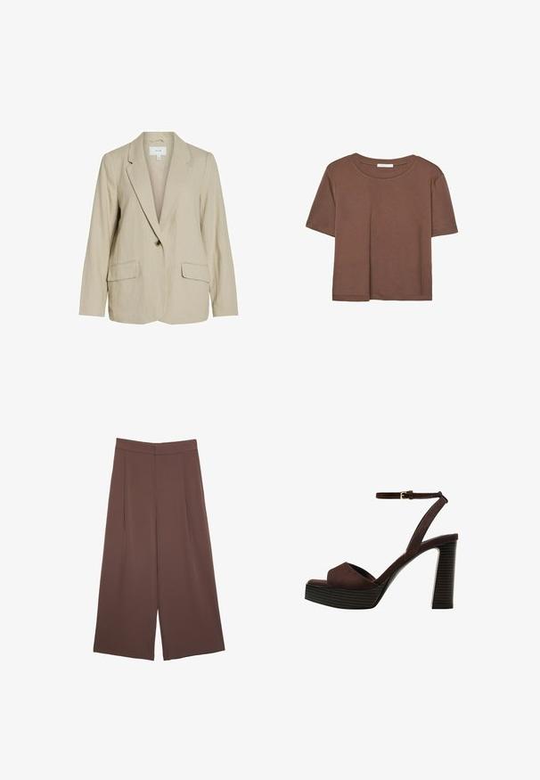 Vaaleanbeige bleiseri, joka on valmistettu teksturoidusta kankaasta. Varustettu yhdellä napilla suljettavalla, lovikäänteillä ja kahdella etutaskulla.; Kahvinsävyinen lyhythihainen t-paita, joka on valmistettu pehmeästä kankaasta. Pyöreä pääntie ja rento malli. Ei näkyviä kuvioita tai koristeita.; Ruskeat leveälahkeiset housut, joissa on sileä pinta, korkea vyötärö ja etupleat. Kangas on kevyttä ja laskeutuu väljänä.; Ruske kožne sandale s visokom potpeticom, otvorenim prstima, podesivim kopčanjem oko gležnja i prugastim platformskim đonom.