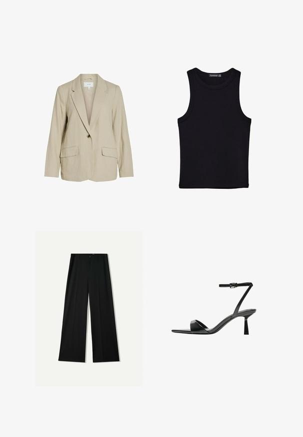 Light beige blazer made of textured fabric. Features a single button closure, notched lapels, and two front pockets.; Black tank top made of cotton, featuring a round neckline and wide armholes. Smooth texture with stitched hems. Classic, minimalist design.; Bershka WIDE - Trousers - black; Bershka High heeled sandals - black