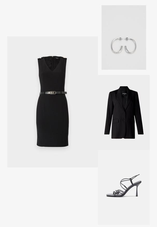 Blazer noir au design ajusté, avec un col cranté, deux boutons et deux poches latérales, conçu en tissu lisse.; Robe noire ajustée avec un décolleté en V, sans manches, dotée d'accents dorés aux épaules et d'une ceinture noire cintrée avec une boucle métallique.; Des sandales noires à talons hauts avec des fines lanières au design noué, un bout carré lisse et un talon aiguille élégant.; Sac à main en métal gris clair avec une bandoulière en chaîne, orné de petits clous métalliques ronds et d'un logo de marque triangulaire.; Boucles d'oreilles en argent avec une finition lisse et brillante. Forme arrondie, conception légère, avec un fermoir à tige.