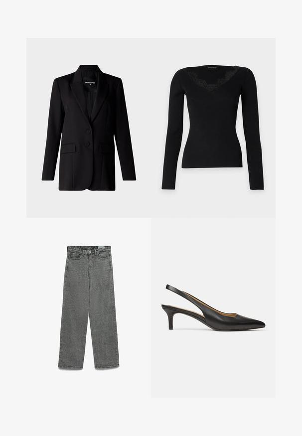 Black blazer with a tailored design, features a notched collar, two buttons, and two side pockets, crafted from smooth fabric.; Black long-sleeve ribbed top featuring a V-neck with lace accents. Fabric texture appears smooth and fitted, suitable for layered looks.; High-waisted gray jeans with a straight leg cut, button and zipper closure, belt loops, and front and back pockets.; Black leather slingback pump with pointed toe and low kitten heel, shown from side on a plain white background.