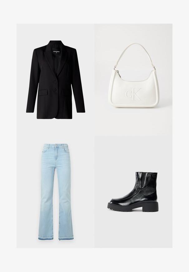 Schwarzer Blazer mit maßgeschneidertem Design, ausgestattet mit einem Reverskragen, zwei Knöpfen und zwei Seitentaschen, aus glattem Stoff gefertigt.; Weißes Baumwoll-T-Shirt mit Rundhalsausschnitt und kurzen Ärmeln, verziert mit silbernen Strasssteinen, die das Wort "Boys" auf der Vorderseite bilden.; Hellblaue Schlagjeans aus Denim, mit hoher Taille, Vordertaschen und einem rohen Saum an den Bündchen für einen lässigen Look.; Schwarze Knöchelstiefel mit glänzender Lackleder-Oberfläche, einer kräftigen gummierten schwarzen Sohle und Absatz; mit dezentem Logodetail an der Seite.; Weiße Lederhandtasche mit abgerundeter Form, ausgestattet mit einem geprägten "CK"-Logo auf der Vorderseite und einem Einzel-Schultergurt. Reißverschluss oben.