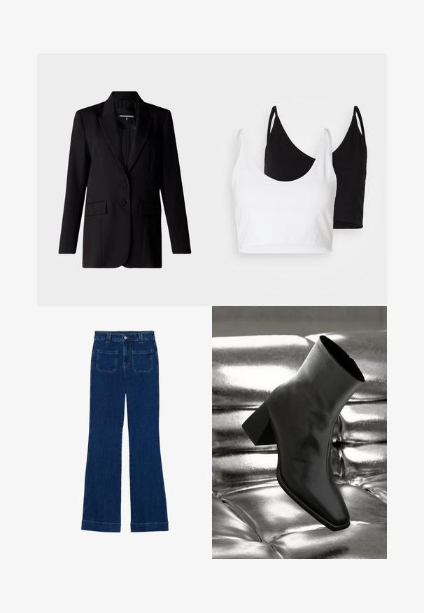 Czarna marynarka o dopasowanym kroju, z wyciętym kołnierzem, dwiema guzikami i dwiema bocznymi kieszeniami, wykonana z gładkiego materiału.; Dwa bawełniane topy w kolorze białym i czarnym. Każdy z nich ma głęboki dekolt i cienkie ramiączka, charakteryzujące się gładką, miękką teksturą.; Jeans dżinsowe z rozszerzanymi nogawkami w ciemnoniebieskim kolorze, o gładkiej fakturze, z pięcioma kieszeniami oraz zapięciem na guzik w talii.; Czarne botki za kostkę wykonane z błyszczącego materiału, z kwadratowym noskiem i zwężającym się obcasem, na tle błyszczącego srebrnego tapicerowanego tła.