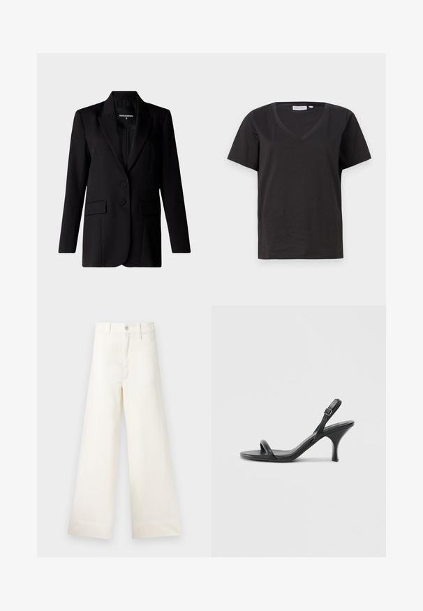 Schwarzer Blazer mit maßgeschneidertem Design, ausgestattet mit einem Reverskragen, zwei Knöpfen und zwei Seitentaschen, aus glattem Stoff gefertigt.; Schwarzes Baumwoll-T-Shirt mit V-Ausschnitt und kurzen Ärmeln. Einfaches Design mit normalem Schnitt und ohne Muster oder Akzente.; Weite Hosen aus hellem beigen Baumwollstoff. Mit hoher Taille, vorderen Taschen und geradem Schnitt. Saubere Saumverarbeitung ohne Muster.; Schwarze Leder-Sandalen mit hohen Absätzen, schlankem, gebogenem Absatz und gekreuztem Riemendesign. Verstellbarer Knöchelriemen. Glatte Textur.