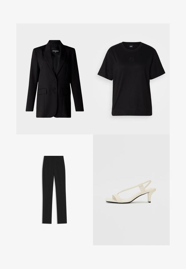 Blazer noir au design ajusté, avec un col cranté, deux boutons et deux poches latérales, conçu en tissu lisse.; T-shirt en coton noir avec un col rond, des manches courtes et un logo brodé sur la poitrine. Coupe simple et décontractée sans motifs.; Pantalon noir ajusté avec une coupe droite, doté de poches avant et d'un tissu lisse et texturé. Détails soignés et minimalistes.; Sandales beiges à talons carrés avec des fines brides et un bout carré. Matière lisse avec des détails minimaux, conçues pour un port facile.