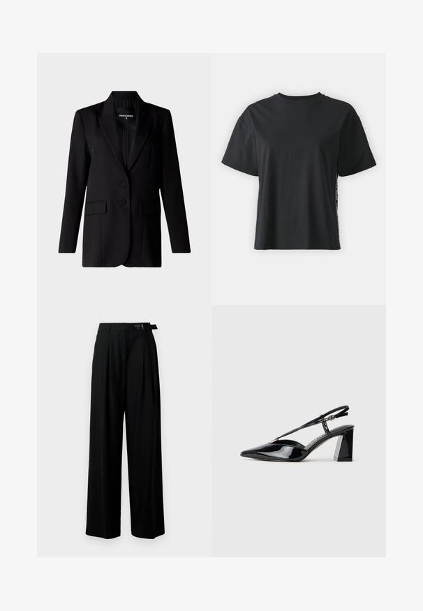 Juodas švarkas su pritaikytu dizainu, turi įpjautą apykaklę, du mygtukus ir dvi šonines kišenes, pagamintas iš lygaus audinio.; Juoda trumpomis rankovėmis medvilninė marškinėliai su laisvu siluetu ir kontrastine šonine juostele, kurioje yra mažas tekstas ir dizaino detalės.; Juodos plačios kojų kelnės su aukštu liemeniu, priekinėmis klostėmis ir diržu su sagtimi. Pagamintos iš lygaus, lengvo audinio.; Juodos lakinės odos aukštakulnės basutės su smailiu pirštu, reguliuojama juosta ir storu stačiakampiu kulnu.