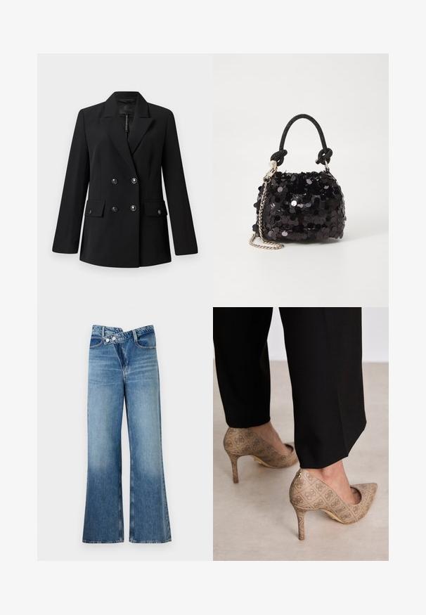 Black double-breasted blazer with a notched lapel, two front pockets, and button detailing. Made from smooth, woven fabric.; Black short-sleeve t-shirt with a large glittery triangle logo featuring "GUESS U.S.A." and a central question mark.; Light blue denim flared jeans with a high waist, featuring two buttons and front pockets. Fabric has a faded texture with subtle variations.; Beige high-heeled shoes with a textured fabric featuring a repeating pattern. Pointed toe design with a back accent and gold heel detail.; Black sequin mini handbag with a knotted textured strap and silver chain. Rounded shape with gathered top and reflective detailing.
