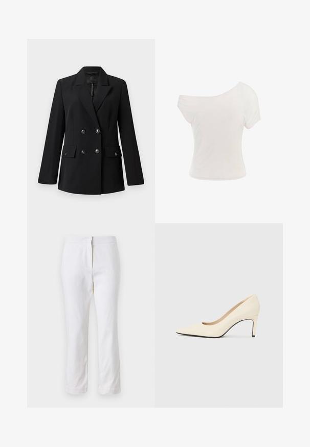 Crni dvostruko kopčani sako s reverom s izrezom, dva prednja džepa i detaljima s gumbima. Izrađen od glatkog tkanog materijala.; Bijela majica s otvorenim ramenima od mekanog, laganog materijala. Kratki rukavi, prilagođen oblik i porub s uvijenim detaljem. Glatka tekstura.; Bijele pamučne hlače ravnog kroja, sa strukom srednje visine i bez vidljivih metalnih dijelova ili uzoraka. Glatka tekstura kroz cijelu dužinu.; Bijele visoke potpetice od kože s oštrom nožnom kapom, glatkom teksturom i crnim naglaskom na potplatu. Klasični dizajn s umjerenom visinom pete.
