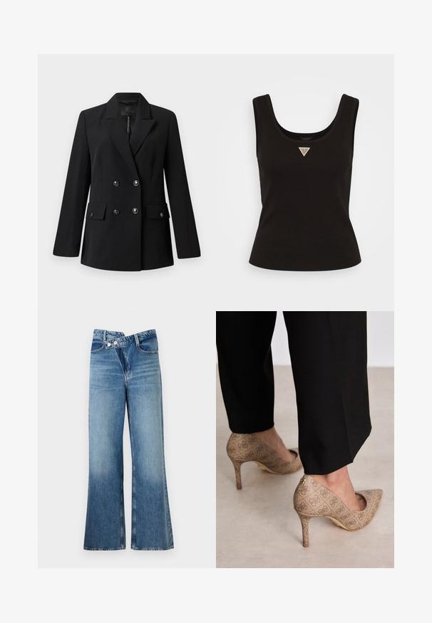 Blazer negru cu două rânduri de nasturi, fabricat dintr-un material neted, având guler cu colțuri, două buzunare frontale și nasturi rotunzi negri.; Top de rezervă negru cu dungi, cu guler rotunjit și un mic logo triunghiular cu accente argintii în față, la centru. Design ajustat, fără mâneci.; Jeans din denim albastru deschis, cu fason evazat și talie înaltă, având două butoane și buzunare frontale. Materialul are o textură decolorată cu variații subtile.; Pantofi cu toc înalt bej, dintr-un material texturat ce prezintă un model repetitiv. Design cu vârful ascuțit, cu un accent la spate și detaliu auriu pe toc.