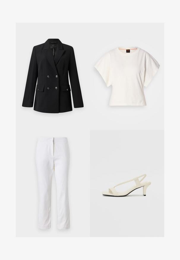 Fekete, dupla soros blézer sima anyagból, kihajtható gallérral, két elülső zsebbel és kerek fekete gombokkal.; Fehér, rövid, bő ujjú, crop szabású póló, puha pamut anyagból, kerek nyakkivágással, finom narancssárga díszítéssel, minimalista dizájn, minta vagy grafika nélkül.; Fehér pamut nadrág egyenes lábformával, közepes derékkal, látható fémrészek vagy minták nélkül. Sima textúra az egész anyagon.; Beige színű, blokksarkú szandálok vékony pántokkal és négyzet alakú orral. Simább anyag, minimális részletezéssel, amely könnyű viselésre lett tervezve.