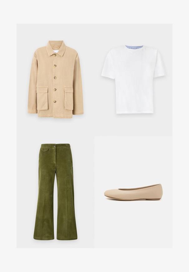 Beige jacket made of cotton with a button-up front, pointed collar, and two front patch pockets. Features a relaxed fit and seam detailing.; White cotton T-shirt with a crew neck. Features short sleeves and a blue striped detail on the inner neckline. Soft texture, regular fit.; Olive green corduroy flared pants with a smooth texture, front pockets, and a front button closure. Vertical ribbed pattern throughout.; Beige leather ballet flat with rounded toe, minimal seam detailing, low heel, and subtle logo on the back. Smooth, matte texture.
