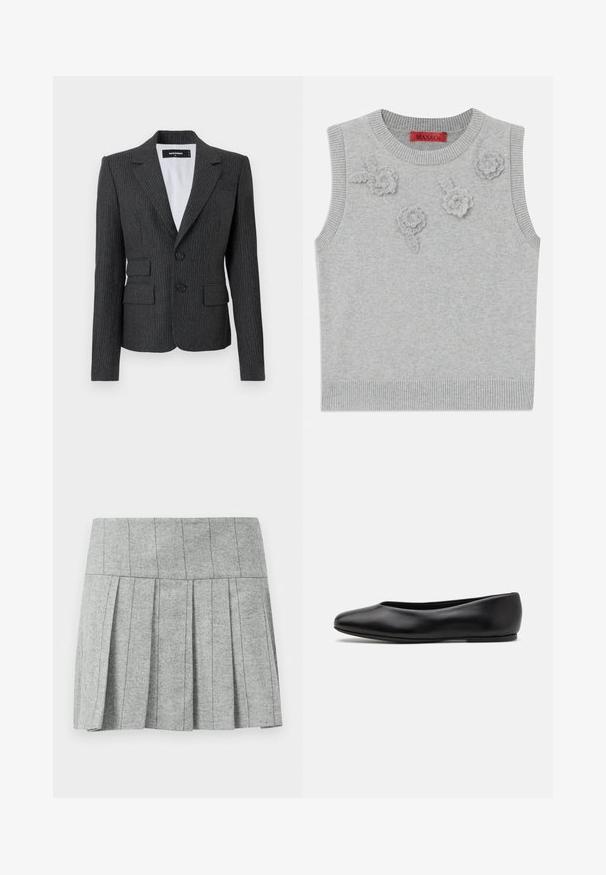 Blazer à rayures charbon gris avec revers en pointe, deux poches avant et fermeture à double bouton. Tissu texturé avec coupe ajustée.; Pull sans manches gris clair avec un col et un ourlet côtelés. Présente trois appliqués floraux texturés sur le devant. Étiquette de la marque : MAX&Co.; Jupe plissée grise en tissu à motif chevrons ; dotée d'une taille structurée et d'une coupe droite en bas.; Paul Smith TOPANGA - Ballerines - black