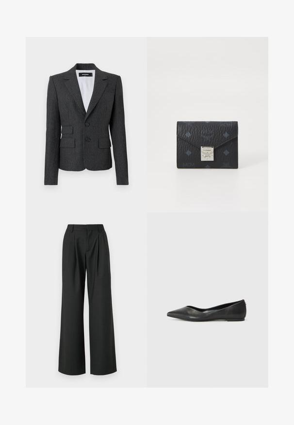 Anglies pilkos spalvos švarkas su juostelėmis, su iškirptėmis apykaklėmis, dviem priekinėmis kišenėmis ir dvigubu užsegimu. Tekstūruotas audinys su pritaikytu kirpimu.; Balta medvilninė marškinėliai su mažu juodu logotipo dizainu su sparnais ir „MCM“ centre. Trumpi rankovės ir apvalus kaklas.; Won Hundred CAMILLE TROUSERS - Kelnės - licorice; Juodas odinis baleto batelis su smailiu носu, žemu kulnu ir lygiu paviršiumi. Minimalistinis dizainas su subtiliu šoniniu akcentu.; Juodas odinis piniginė su tekstūruota paviršiumi, iškiliais logotipo raštais, trikampiu užsklandu ir metaliniu sidabriniu užraktu su grandinėle.