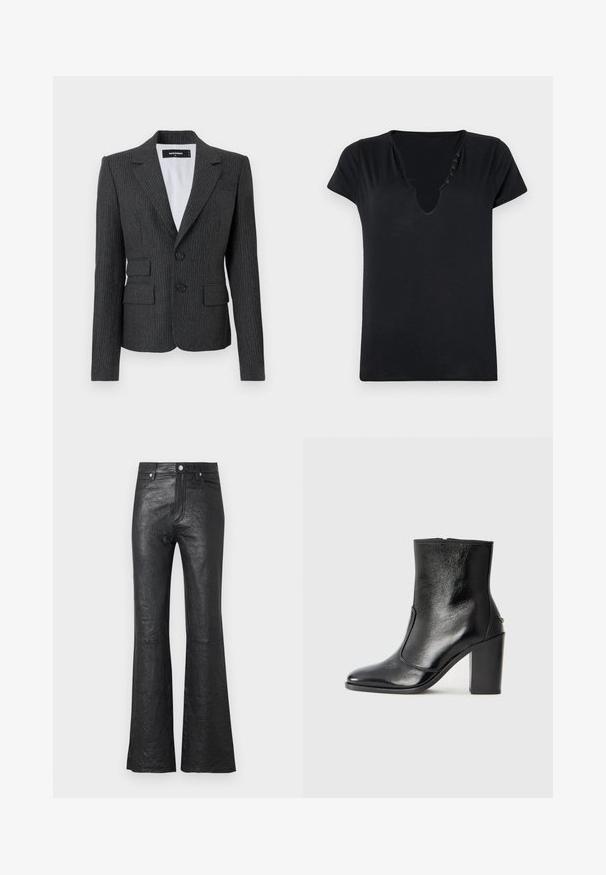 Sacou de culoare gri cărbune cu dungi, guler cu colțuri, două buzunare frontale și închidere cu două butoane. Material texturat cu o croială adaptată.; Tricou negru cu mânecă scurtă, cu decolteu adânc în V și cinci butoane decorative de-a lungul gâtului. Material neted, cu o croială relaxată.; Pantaloni din piele neagră evazați, cu o textură crăpată, talie înaltă, buzunare frontale și închidere clasică cu nasture și fermoar.; Botină din piele neagră, cu o textură netedă, vârf ascuțit și toc gros, înalt. Dispune de o deschidere laterală și un design minimalist.