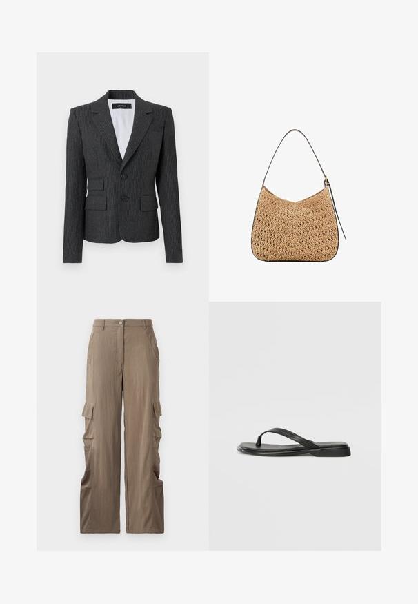 Charcoalgrijs gestreepte blazer met geknipte revers, twee voorzakken en dubbele knoopsluiting. Textuurstof met een getailleerde pasvorm.; Katoenen T-shirt met korte mouwen en een ronde hals, met zwarte verticale strepen op een witte achtergrond en een rechte snit.; Cargo broek in een lichtbruine stof, met een rechte pijp, twee zijzakken en twee cargozakken op de dijen.; Zwarte teenflip-flop van glad leer, met een dunne band en een platte zool met een minimalistisch profiel. Geen opvallende patronen of accenten.; Geweven rieten schoudertas met een gebogen vorm, voorzien van een donkere leren strap en een gemêleerd oppervlak met een chevronpatroon.; Gouden oorbellen met onregelmatige texturen, versierd met groene edelstenen en witte parels, bevestigd met clip-on sluitingen.