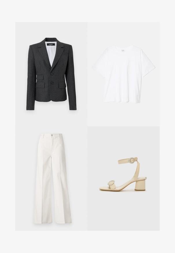Kolsvart blazer med smala rutmönster, slagkrage, två framfickor och dubbelknäppning. Texturerad tyg med skräddarsydd passform.; Vit bomull t-shirt med kort ärm, rund halsringning, avslappnad passform och söm i nederkant. Etikett synlig på insidan av halsen.; Vita vida-byxor gjorda av bomull med en slät textur. Har en framknapp, gylf med dragkedja och fyra fickor.; Beige högklackade sandaler med minimalistisk design, med två cirkulära detaljer och en kraftig klack. Tillverkade av mjukt läder.