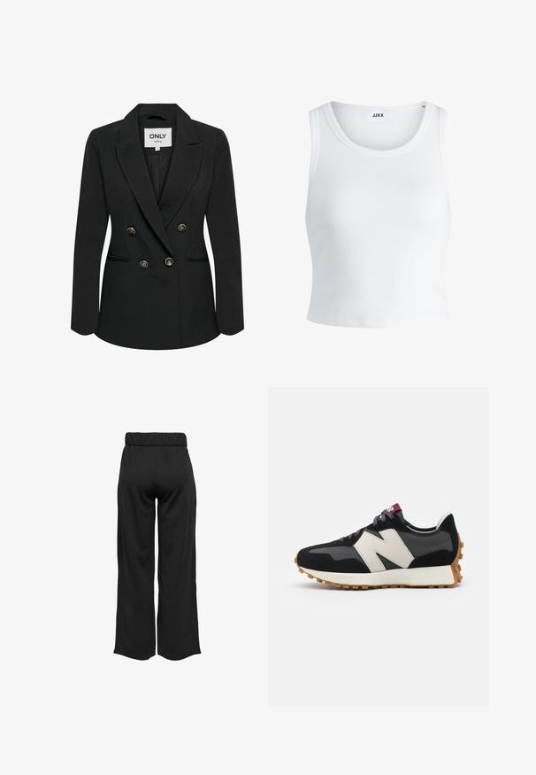 Dvojřadý černý blazer vyrobený z hladké látky, s akcenty zlatých knoflíků, s klopou a přiléhavým střihem se bočními kapsami.; Bílý žebrovaný top na ramínka se kulatým výstřihem, bez rukávů a zkrácenou délkou. Název značky je "JJXX." Hladká struktura látky.; Černé široké kalhoty s elastickým pasem, vyrobené z hladkého materiálu. Disponují čistým designem bez kapes nebo viditelných švů.; Černé a šedé semišové tenisky s velkým krémovým logem "N", fialovými tkaničkami a strukturovanou gumovou podrážkou.