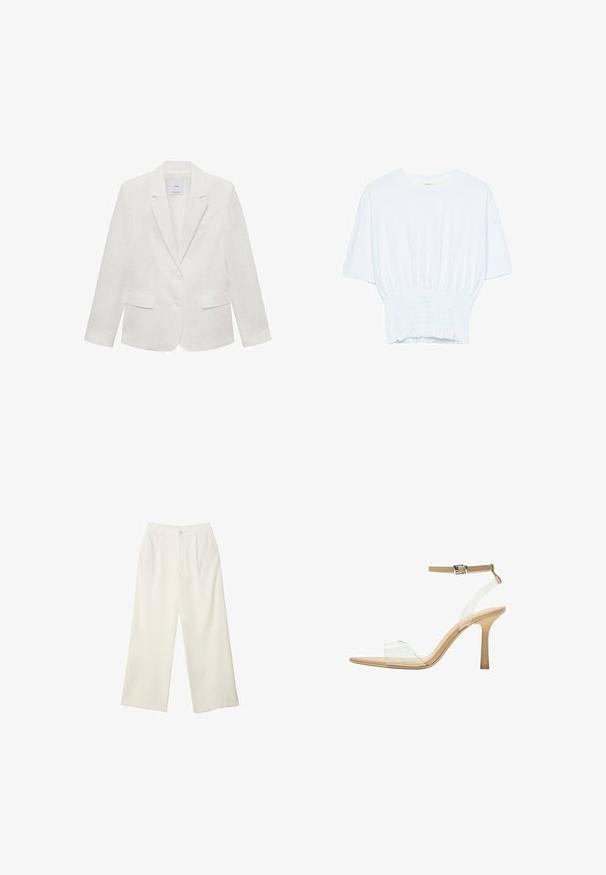 Biely ľanový blejzer s výstrihom do "notch", dvoma prednými vreckami a dvoma gombíkmi. Obsahuje jedno vrecko na prsiach a má jemnú štruktúru.; Biela krátka T-shirt s voľným strihom a zlaceným textúrou v oblasti pása. Vyrobená z mäkkého, ľahkého materiálu.; Široké nohavice z krémovej látky s hladkou textúrou, s jedným predným gombíkom, jemnými skladmi a vysokým pásom.; Priehľadné sandále na vysokom podpätku s transparentným zvrškom, béžovou stielkou a štíhlym remienkom na členku. Majú špicatú špičku a tenký vysoký podpätok.