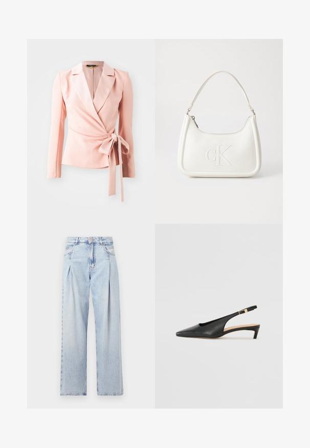 Világos rózsaszínű, hosszú ujjú blézer, selyemfényű bevonattal és megkötős derékrésszel. Klasszikus reveres kialakítás sima, textúrált megjelenéssel.; Fehér pamut póló rövid ujjakkal, kerek nyakkivágással és laza szabással. Sima textúra, nincsenek minták vagy díszítések, minimalista dizájn.; Világoskék farmernadrág magas derekú, bő szabású, két oldalsó zsebbel és pliszírozott dizájnnal. Puha tapintású, elhalványított felület.; Fekete bőr slingback sarkú cipő, hegyes orral, alacsony sarokkal és állítható bokapánttal, aranyszínű csattal. Simább textúra.; Fehér bőrtáska ívelt formájú, elöl feltűnő "CK" logóval, egyetlen vállpánttal. Cipzáras zárás a tetején.