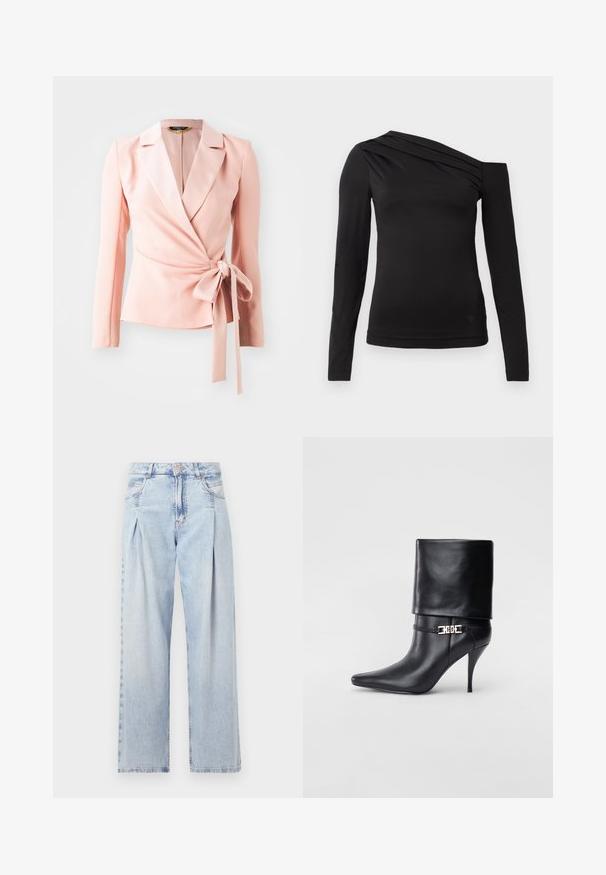 Světle růžový zavinovací blejzr s dlouhými rukávy, s lesklým saténovým vzhledem a páskem v pase. Klasický límeček s hladkým a texturovaným vzhledem.; Černý top s dlouhým rukávem a asymetrickým výstřihem, jedním ramenem odkrytým a jemným drapováním přes hrudník.; Světlé modré džíny z denimu s vysokým pasem, širokým střihem, dvěma bočními kapsami a nařaseným designem. Měkká textura s vybledlým povrchem.; Černé kožené kotníkové boty s špičatou špičkou, vysokým stiletto podpatkem, ohrnovací manžetou a zlatým ozdobným přezkovým detailem na kotníku.