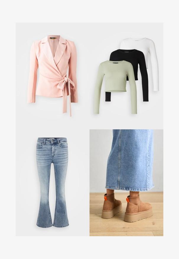 Gaiši rozā jaciņa ar garām piedurknēm, satīna līdzīgs apdare un sērijveida jostas akcenti. Klasiskas atlocītas apkakles dizains ar gludu, teksturētu izskatu.; Even&Odd Petite 3 PACK - Tops ar garām piedurknēm - black/white/light green; Gaiši zili platā kāju džinsi, kas izgatavoti no denima, ar klasisku piecu kabatu dizainu, priekšējo rāvējslēdzēju un maigu izbalējumu gar augšstilbiem.; Brūni zamšādas platforma zābaki ar elastīgiem sānu paneļiem un oranžām cilpām, apvienoti ar līdz ceļgaliem garu gaišā denima svārku uz koka grīdas.