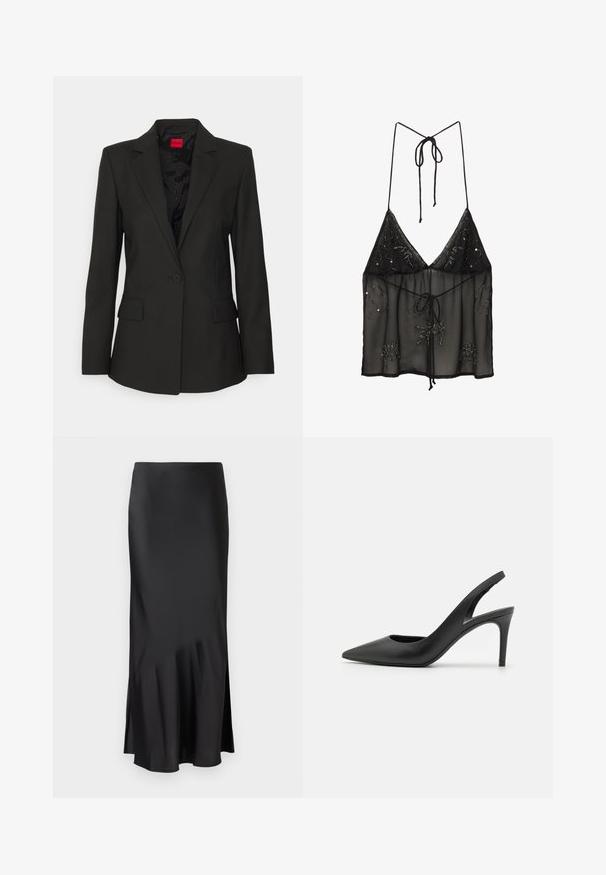 HUGO ATANA - Kratka jakna - black; Crna prozirna kamisola s tankim naramenicama, s cvjetnim aplikacijama od perlica i prednjim vezanjem. Lagana i teksturirana tkanina.; Crna satenska midi suknja s elegantnim dizajnom, koja ima lagani izrez na rubu i bočni prorez za lakše kretanje. Glatka tekstura.; Crne kožne slingback visoke pete s dizajnom u obliku špice, s izrezom sprijeda i tankom stiletto petom.