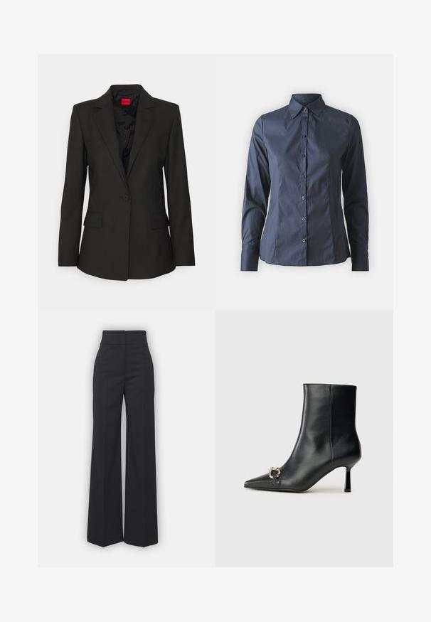 HUGO ATANA - Żakiet; Granatowa, długoskalowa koszula z zapięciem na guziki z przodu, zakończona szpiczastym kołnierzykiem i dopasowanym krojem. Wykonana z gładkiego, lekkiego materiału.; Szerokie spodnie w czarnym materiale z wysokim stanem, charakteryzujące się czystym wykończeniem i gładką teksturą. Brak widocznych elementów metalowych i wzorów.; Czarny skórzany botek za kostkę z szpiczastym noskiem, smukłym średnim obcasem i srebrnym zapięciem po boku na jednolitym tle.