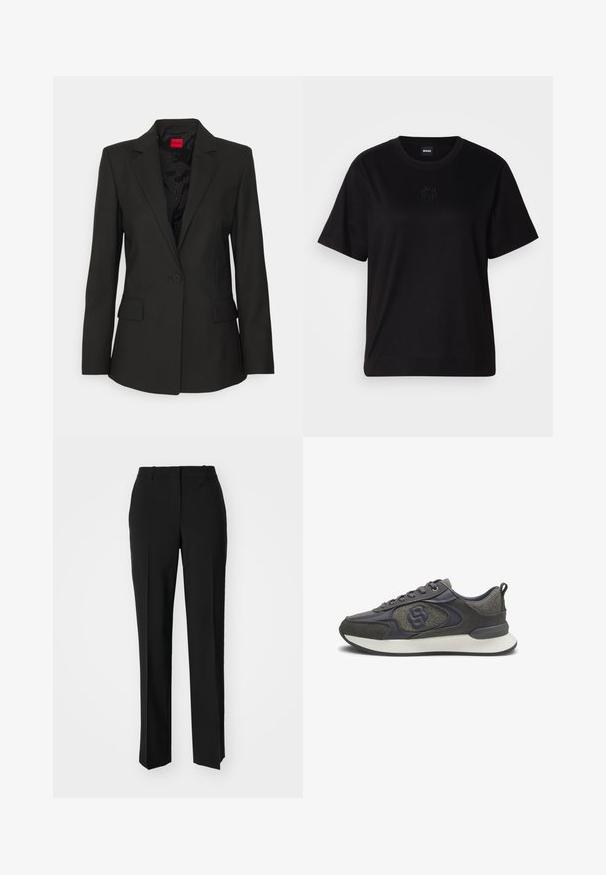 HUGO ATANA - Blazer - black; Camiseta de algodón negra con cuello redondo, mangas cortas y un logo bordado en el pecho. Ajuste simple y relajado sin patrones.; Pantalones negros ajustados con un diseño de pierna recta, que presentan una textura suave y pliegues nítidos en el frente. Sin herrajes visibles.; Zapatilla baja en gris y negro con tela texturizada, detalles de cuero, cordones en la parte delantera, suela blanca acolchada y una lengüeta en el talón.