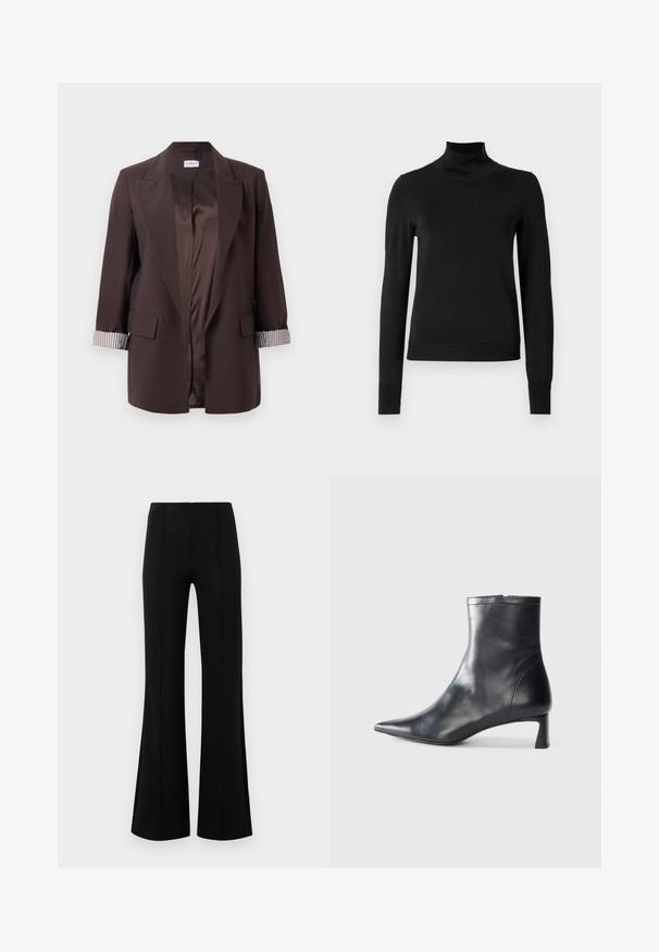 Ciemnobrązowa żakiet otwarty z klapami, z podszewką w paski na mankietach, kieszeniami z klapami oraz gładką, satynową podszewką.; Czarny sweter z długim rękawem i stojącym kołnierzem, z prążkowanymi mankietami i dołem, zaprezentowany na białym tle.; Czarne rozszerzane spodnie z wysokim stanem, wykonane z elastycznego materiału. Posiadają pionowe szwy z przodu oraz gładką teksturę.; Czarne skórzane botki sięgające kostki z ostrym noskiem i eleganckim designem. Posiadają niski obcas oraz zamek błyskawiczny z tyłu. Gładka faktura.
