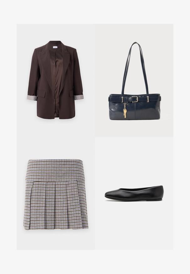 Donkerbruine open voorkant blazer met notch lapels, gestreepte mouwvoering, klepzakken en een gladde satijnen binnenvoering.; Lichtgrijze mouwloze trui met een geribbelde halslijn en zoom. Bevat drie textuurrijke bloemapplicaties op de voorkant. Merklabel: MAX&Co.; Folding rok in een bruin, beige en blauw ruitpatroon. Gemaakt van een textuurstof met een aansluitende tailleband en decoratieve plooien.; Paul Smith TOPANGA - Ballerina's - black; Marine leren handtas met twee lange hengsels, een gespdetail en een sleutelhanger eraan bevestigd. Heeft een gladde textuur en een rechthoekige vorm.